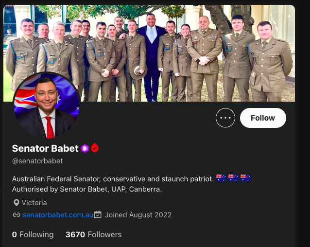 Australian politician Senator Babet's Gettr profile.