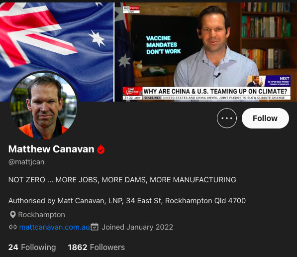 Australian politician Matthew Canavan's Gettr profile.