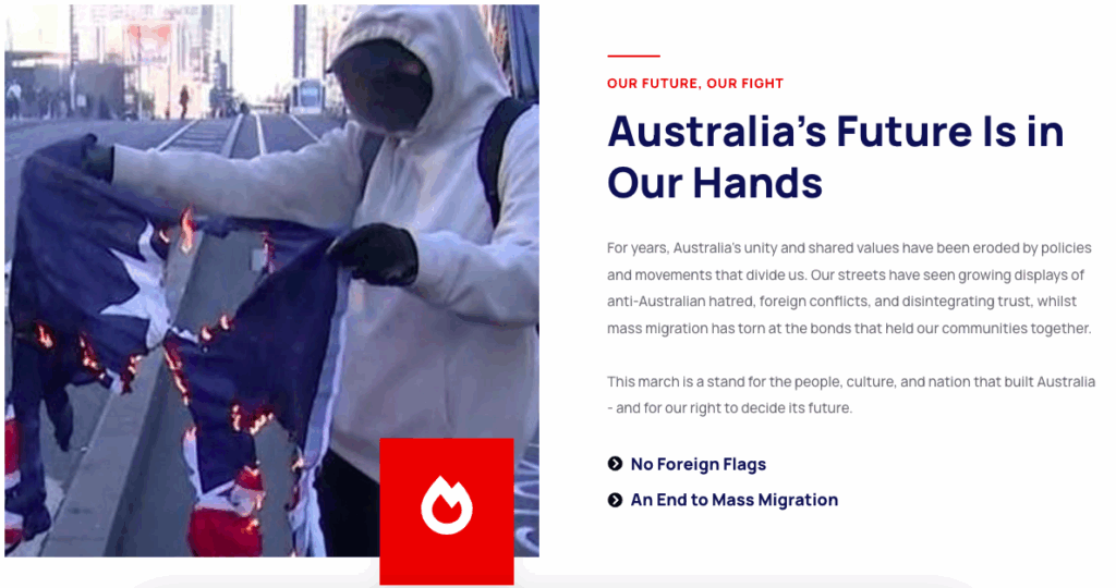 Screenshot from the March for Australia website's About section, which includes a picture of an Australian flag burning.