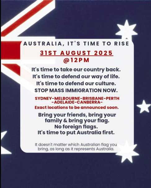 Image of plans for an August 31 rally in Australia are shared over an image of an Australian flag.